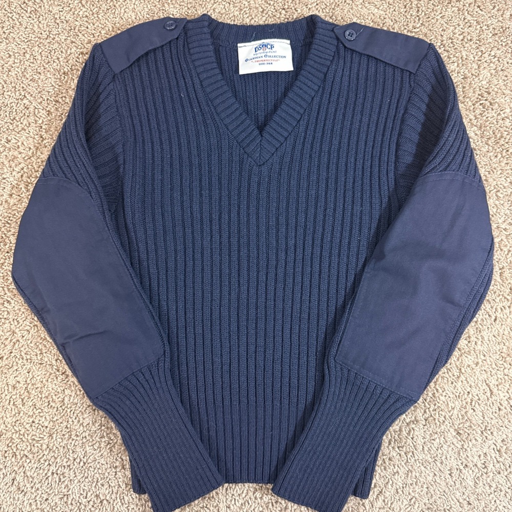DSCP Military Sweater Women 36R Navy Blue Good Ribbed V-Neck Epaulets Patches